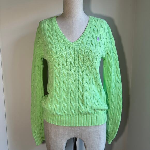 Ralph Lauren Sport Cable Knit V Neck Sweater Lime Green 100% Cotton Women’s L - Picture 2 of 9